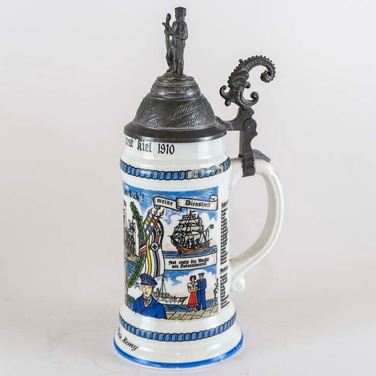 Jarra de cerveza de porcelana con tapa de metal y diseño decorativo - imagen 2