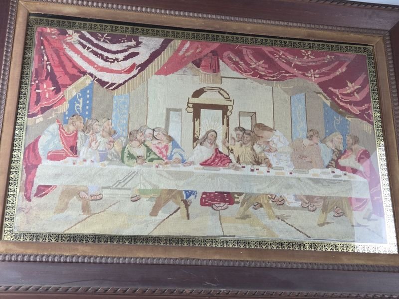 Antiguo telar con la Última Cena en marco de pinotéa - imagen 5