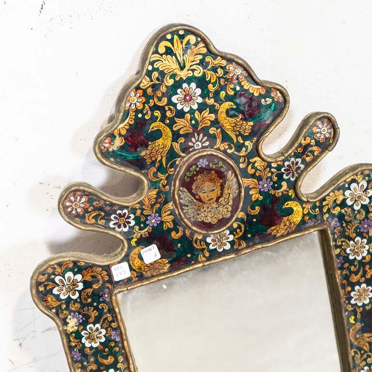 Espejo con marco de vidrio decorado a mano, con motivos florales e imágenes de querubines - imagen 2