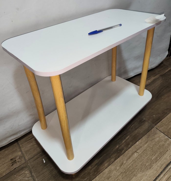 Mesa Auxiliar Blanca de 2 Pisos con Patas de Madera