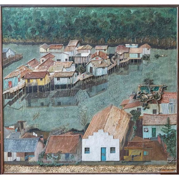 Pintura de escena rural con río en el fondo