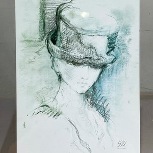 Cuadro "Dama Misteriosa" a Lápiz, Firmado S R I - imagen 2