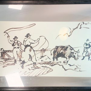Lote anterior: Cuadro Lámina "Escena Gauchezca" con Personajes Enlazando Toro, Marco Grande