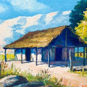 Cuadro al óleo: Paisaje campestre con rancho y sierras, firmado - imagen 2