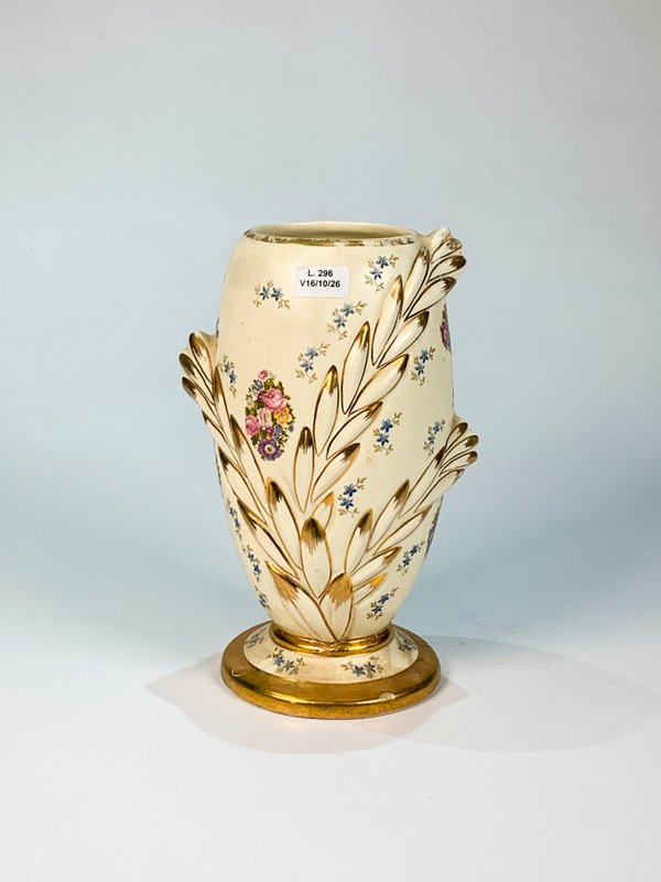 Florero Cónico de Cerámica Beige y Dorado con Decoración Floral