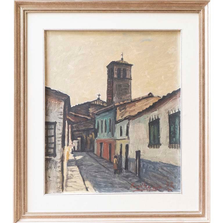 Óleo "Pueblo" de E. Ribeiro, 53x45 cm