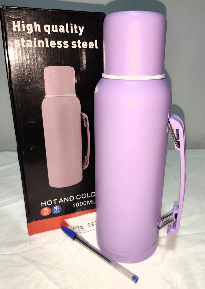 Kit Termo Acero Inoxidable Tipo Americano Violeta 1000ml con Tapa Doble Goma y Caja