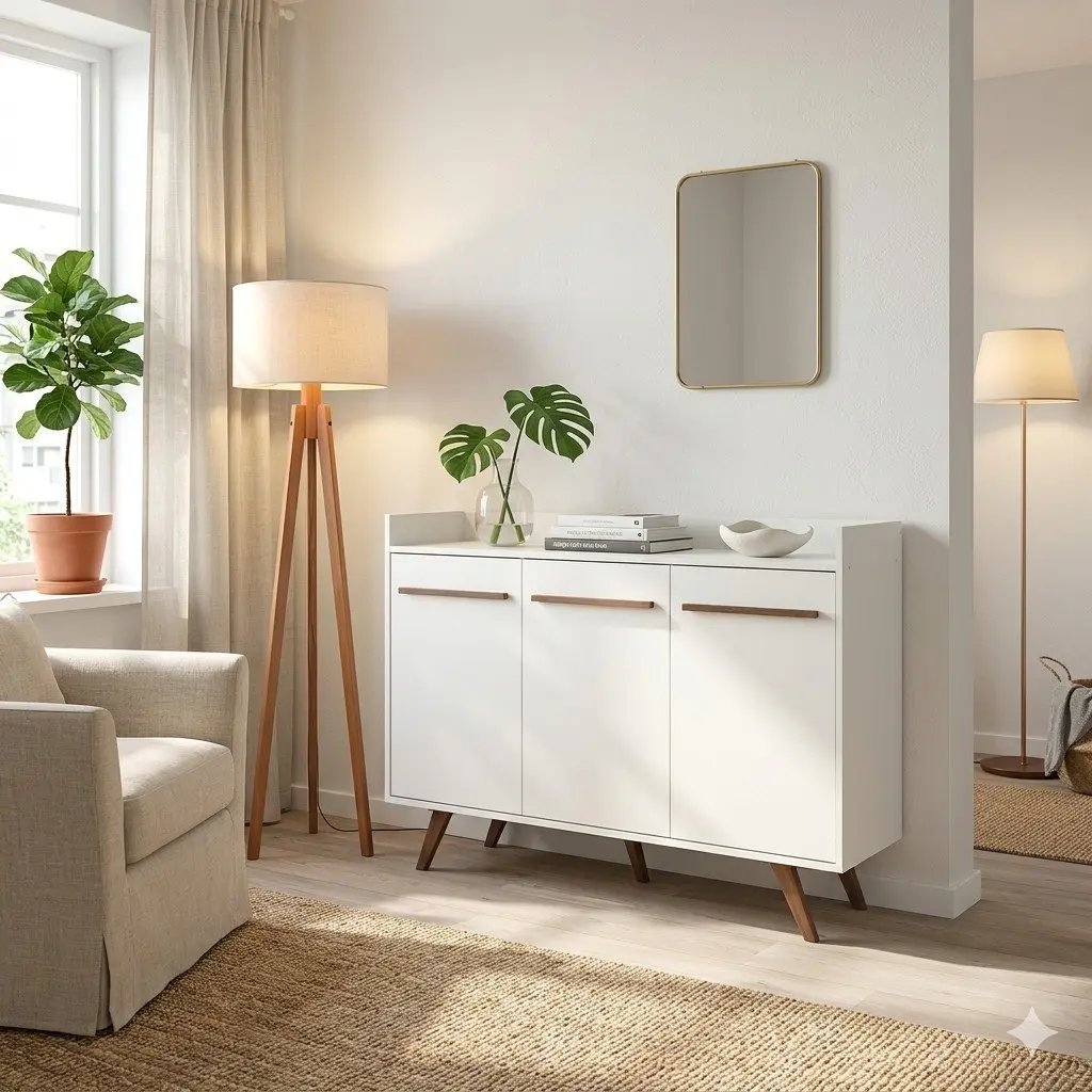 Aparador Buffet Blanco 3 Puertas con Patas de Madera