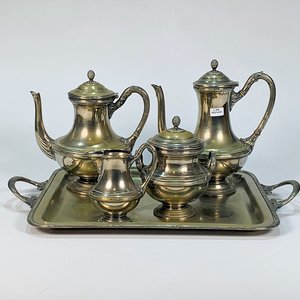 Juego de Metal y Alpaca para Servir: Cafetera, Tetera, Lechera, Azucarero y Bandeja - imagen 1