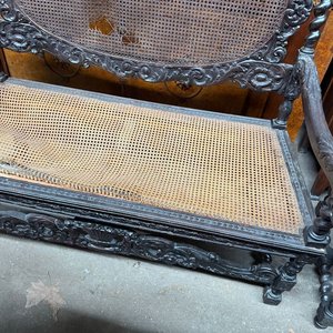Sillón de 2 Cuerpos Antiguo con Madera Labrada y Esterilla - imagen 3