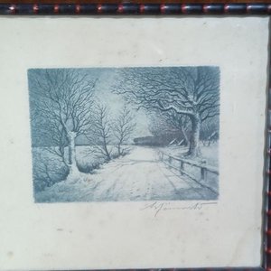 Lote anterior: grabado o litografía de un paisaje invernal creado por el artista alemán Karl Mönnich