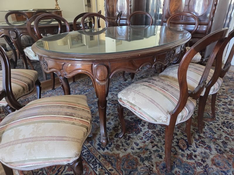 Juego de comedor Victoriano en caoba con 8 sillas firmes y tapa de vidrio original - imagen 2