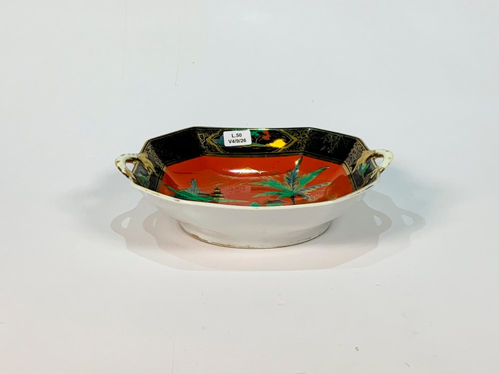 Centro de Porcelana Noritake Negro y Terracota Decoración Chinaiserie con Asas