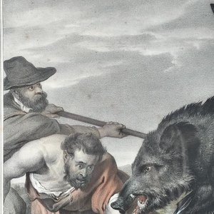 Grabado "Cacería de Jabalí" por Ernest Hanfstangl, con marco dorado y vidrio - imagen 12