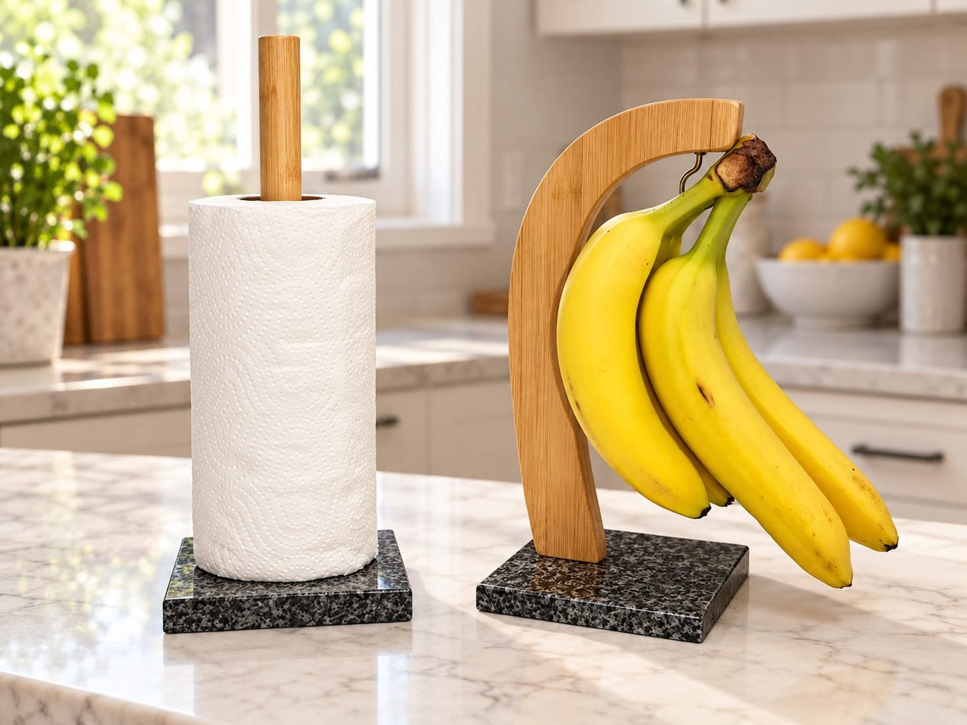 Set de Soporte para Rollo de Cocina y Colgador de Bananas con Base de Mármol