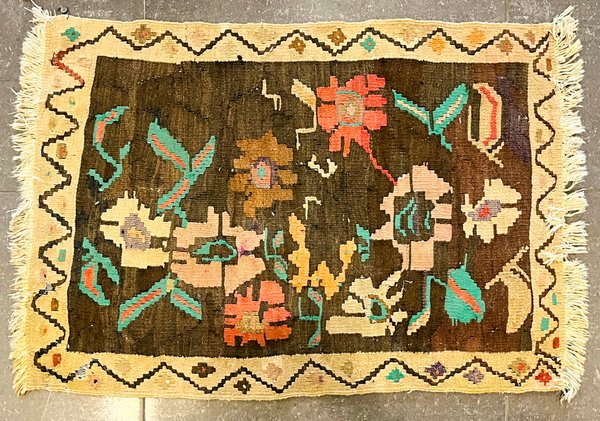 Alfombra Kilim de Lana con Flores Marrones - 90 x 62 cm