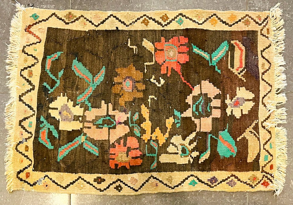 Alfombra Kilim de Lana con Flores Marrones - 90 x 62 cm