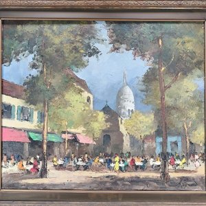 Óleo "Place du Tertre Montmartre" por J. Rigaud con Marco Labrado y Aplique de Luz - imagen 3