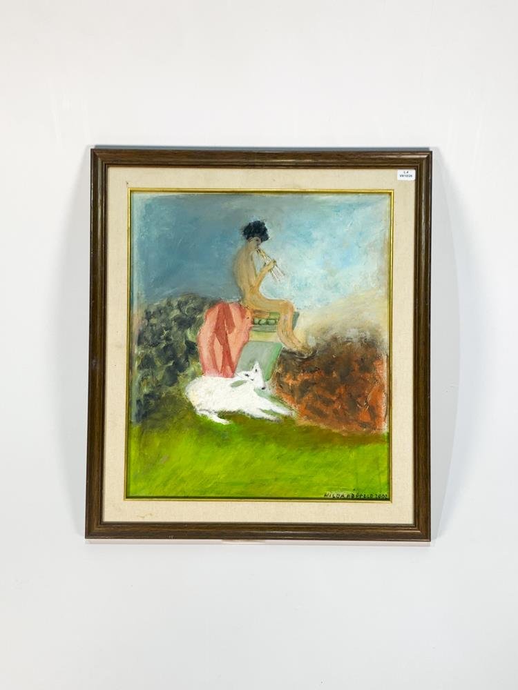 Cuadro al óleo "Desnudo de dama tocando el clarinete" por Nilda Poppolo (2002)