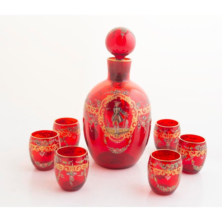 Juego de Licor Cristal Rubí con Esmalte y Dorado: Botellón y 6 Vasos