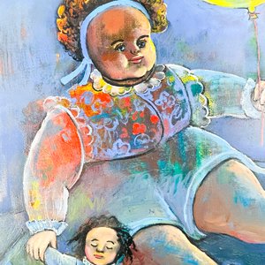 Cuadro al Óleo sobre Tela: Niña con Muñeca y Globo Amarillo, 92 x 78 cm - imagen 2