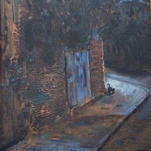 Óleo sobre Fibra "Escena Nocturna" de Aldo Curto con Marco Dorado - imagen 5