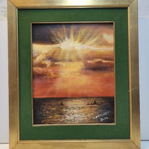 Cuadro al Óleo: Atardecer Marino con Velas, Marco Dorado y Paspartú Verde - imagen 2