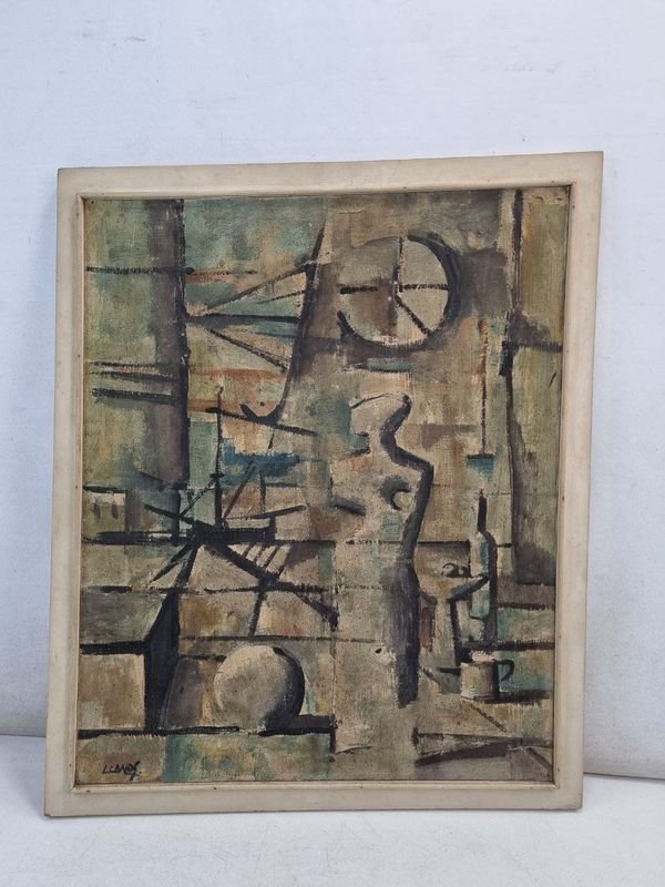 Cuadro al Óleo "Llanos" Abstracto Figuras Geométricas Marco Madera 50x59 cm