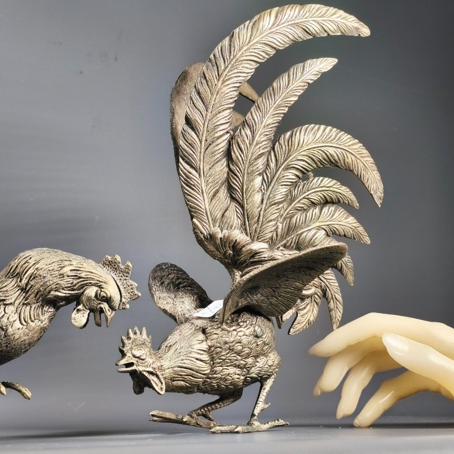 Estatuas de gallos de bronce plateado para decoración - imagen 4