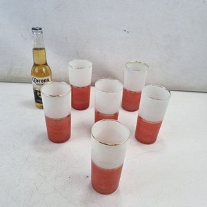 L 265 - Set De 6 Piezas - Decorativo juego de 6 vasos altos en vidrio bicolor con banda superior esmerilada en blanco, diseño moderno en tono coral y filo - imagen 2