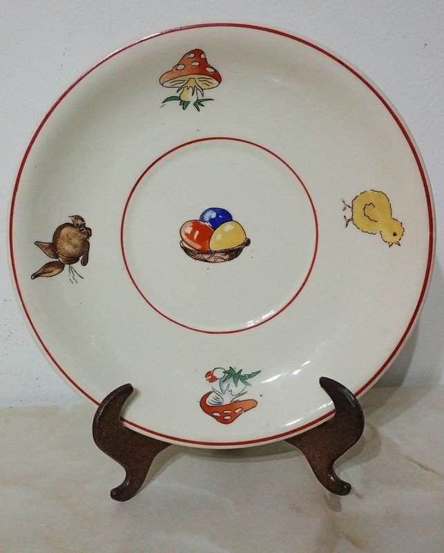 Platillo Infantil de Porcelana Vintage con Dibujos de Animales y Huevos
