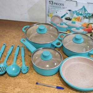 Juego de Ollas Esmaltadas Turquesa 13 Piezas con Tapas de Vidrio y Utensilios - imagen 2