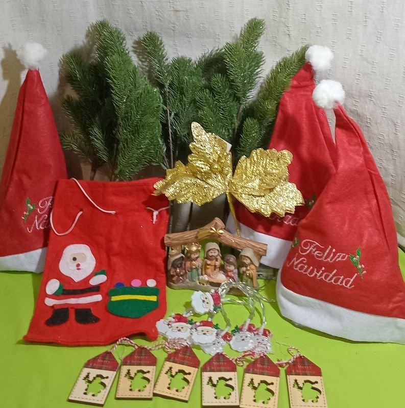 Adornos Navideños: Ramas de Pino, Gorros, Pesebre y Luces de Papá Noel