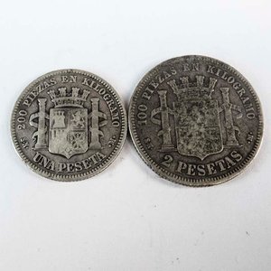Dos Monedas de Plata de España: 1 y 2 Pesetas de 1869 - imagen 2