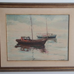 Aldo Curto: Óleo sobre Fibra de Barcas en el Mar con Marco Dorado - imagen 2