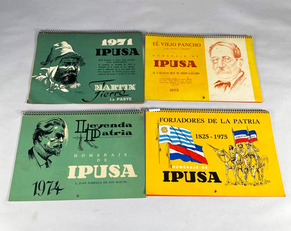 Lote de 4 Almanaques Antiguos Coleccionables IPUSA: Martín Fierro, El Viejo Pancho, Juan Zorrilla de San Martín, Forjadores de la Patria