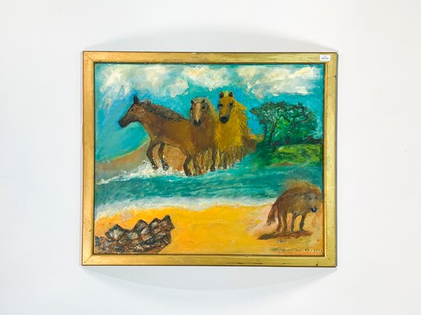 Cuadro al óleo "Paisaje campestre con caballos y perros" firmado Nilda Poppolo - imagen 1
