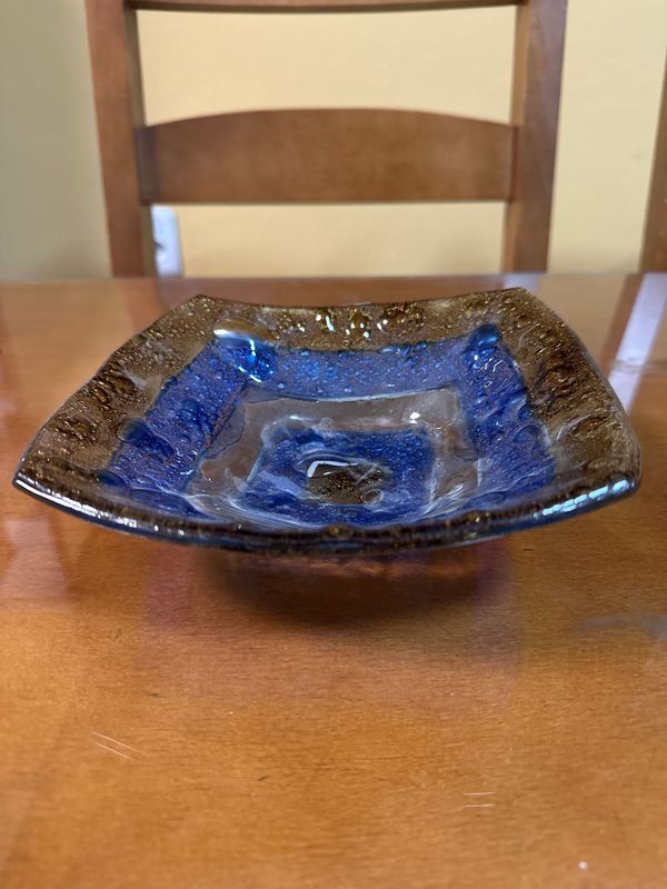 Centro de Mesa Cuadrado de Vidrio Pintado Azul y Dorado