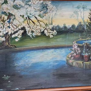 Oleo "Fuente y Árbol en Flor" de 1900 con Marco de Madera - imagen 3