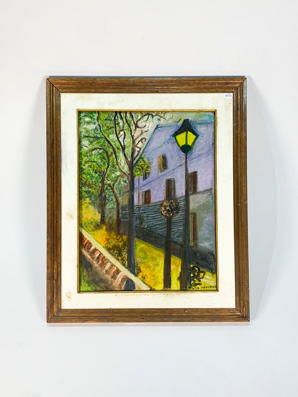 Cuadro al óleo "Casa, árboles y farol" firmado por Nilda Poppolo - imagen 1