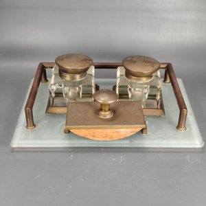 Juego de Tintero Antiguo Vidrio y Bronce con Secante - imagen 9