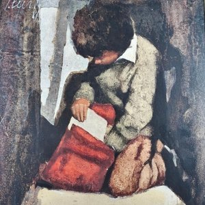 Ángel Tejera: Niño con mochila, acrílico sobre fibra, marco dorado - imagen 5