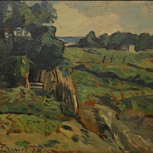 Lote siguiente: Oleo sobre tabla "Chacras de Carrasco" de Horacio Torres, 1950