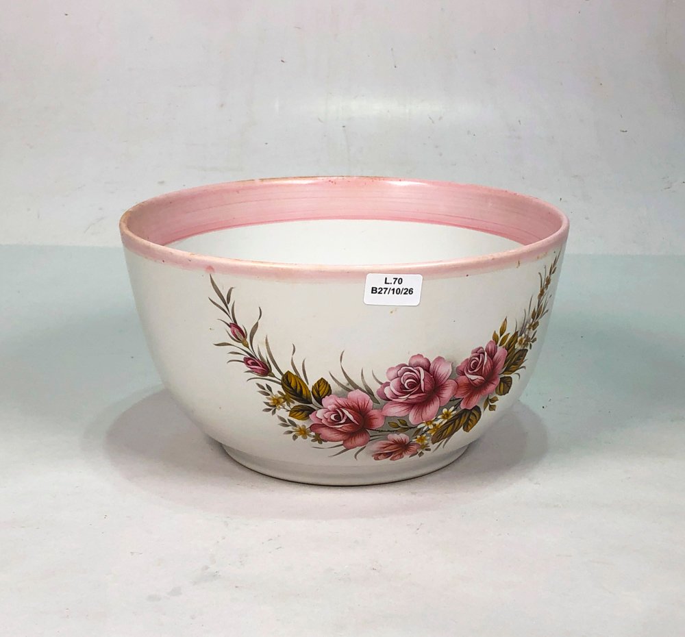 Ensaladera de Porcelana con Flores Rosas y Borde Rosa