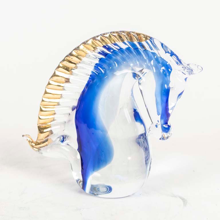 Busto de Caballo en Cristal de Murano Azul y Dorado