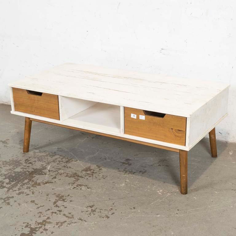 Mesa Ratona Rústica Patinada con Dos Cajones y Rieles