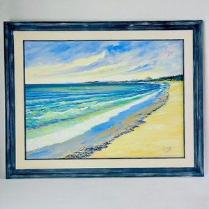 Cuadro al óleo sobre tela: Playa con marco de madera, firmado por A. Luz - imagen 1
