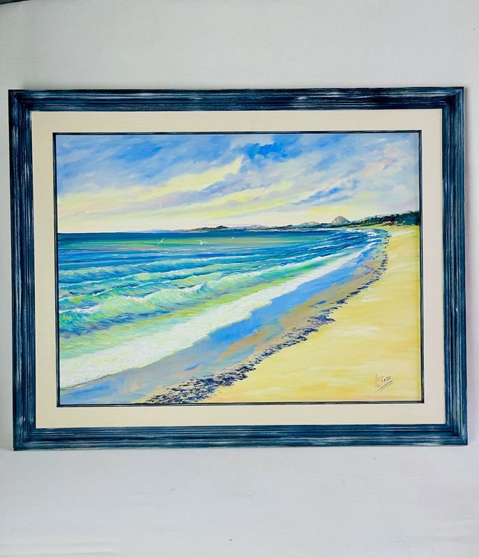 Cuadro al óleo sobre tela: Playa con marco de madera, firmado por A. Luz
