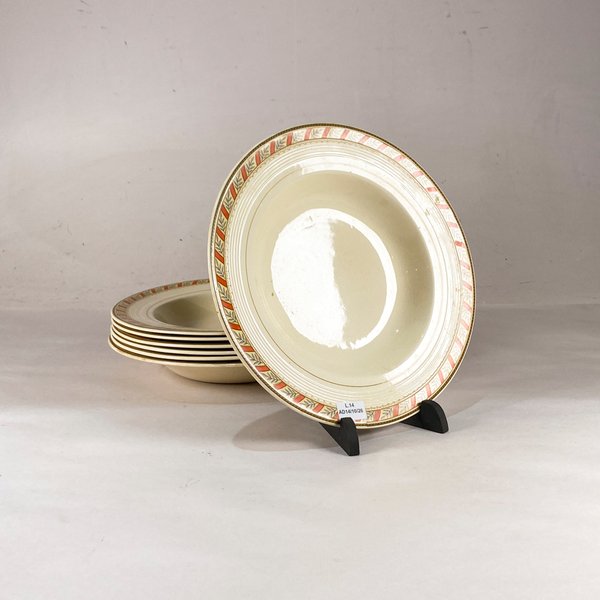 Siete Platos Hondos Loza Inglesa Woods Ivory Ware con Guarda Naranja y Flores - imagen 1