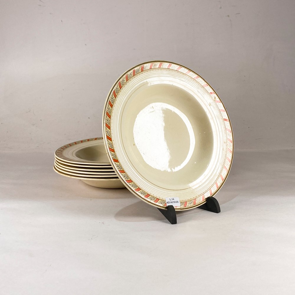 Siete Platos Hondos Loza Inglesa Woods Ivory Ware con Guarda Naranja y Flores